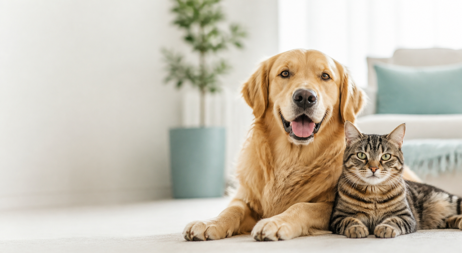 A golden retriever and tabby cat resting together